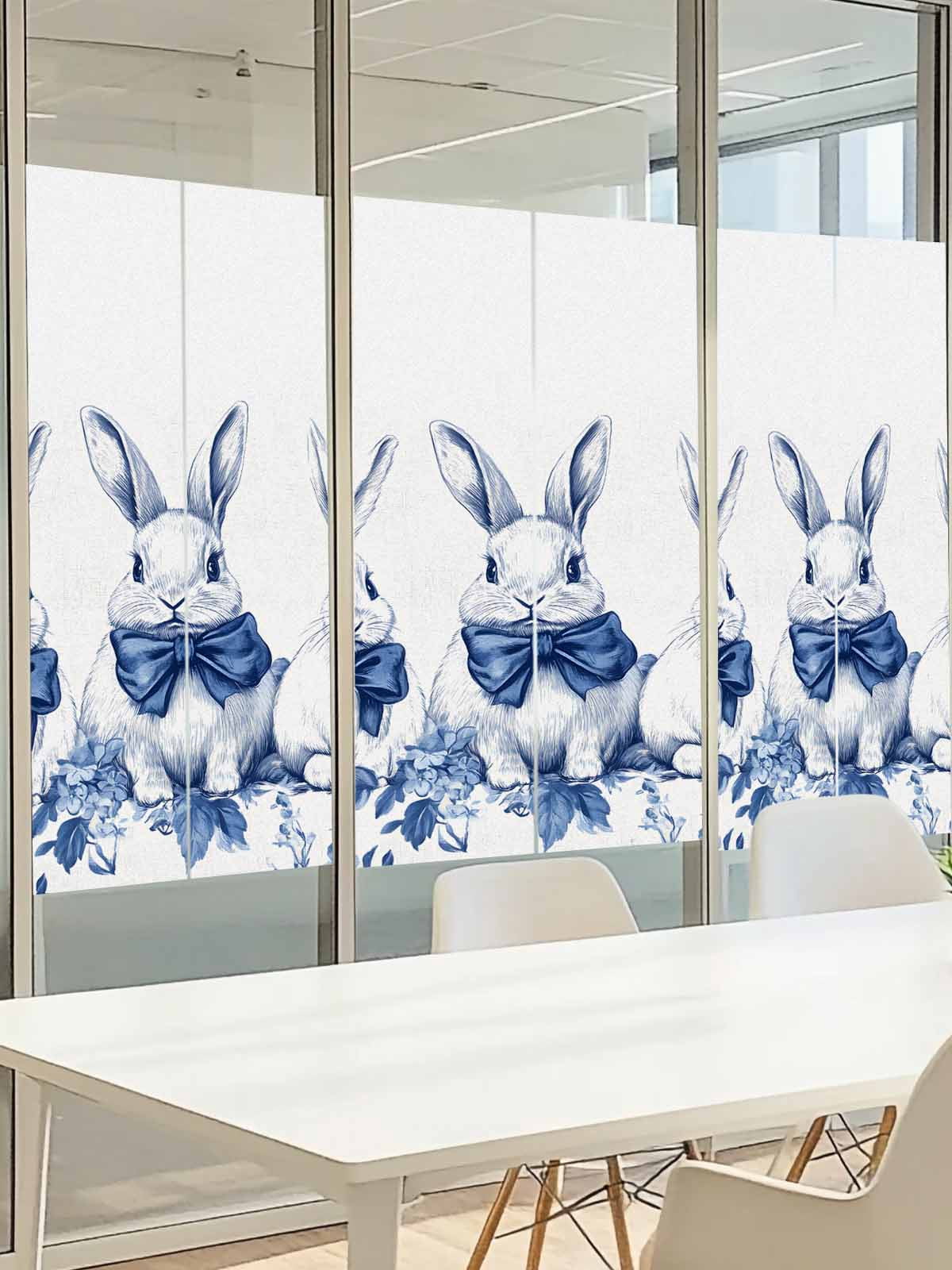 Easter Bunny Window Privacy Film, Simple Watercolor Blue Rabbits Country Spring Floral Leaf Frosted Glass Window Clings Static Cling UV Heat Blocking Reusable Door Sticker for Bathroom 23.6 x 59 Inch