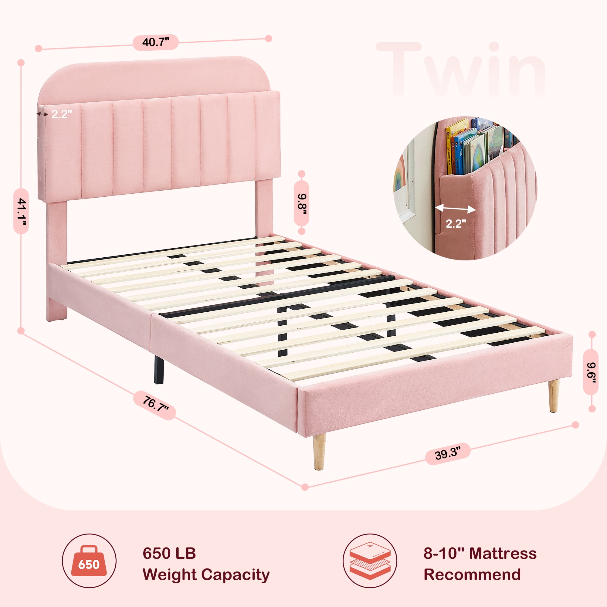 COZONY Twin Bed Frame, Velvet Upholstered Platform Bed w/ Bookcase Headboard, No Box Spring Needed, Noise-Free, Pink