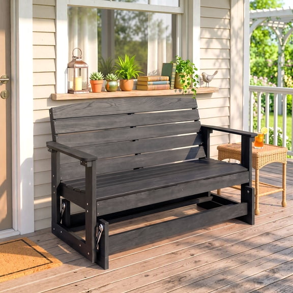 Outsunny 2-Person Outdoor Glider Bench Patio Double Swing Rocking Chair Loveseat w/ Slatted HDPE Frame for Backyard Garden Porch, Distressed Black