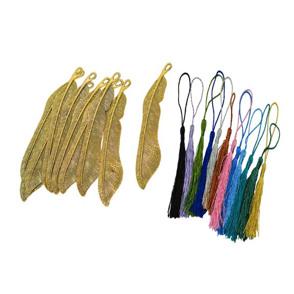 10 Pieces 110mm que Feather Bookmarks with Loop & 12 Silky Tassel Pendant DIY Handmade Beading Book Markers School Office Reading Gift