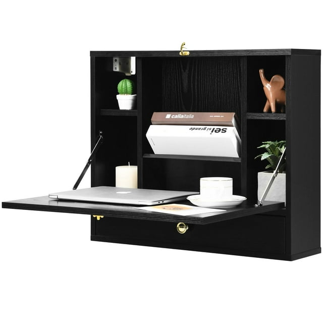 Giantex Wall Mounted Desk, Multi-Function Floating Desk w/Storage Drawer & Shelves, Wall Mounted Computer Desk for Home & Office, Black