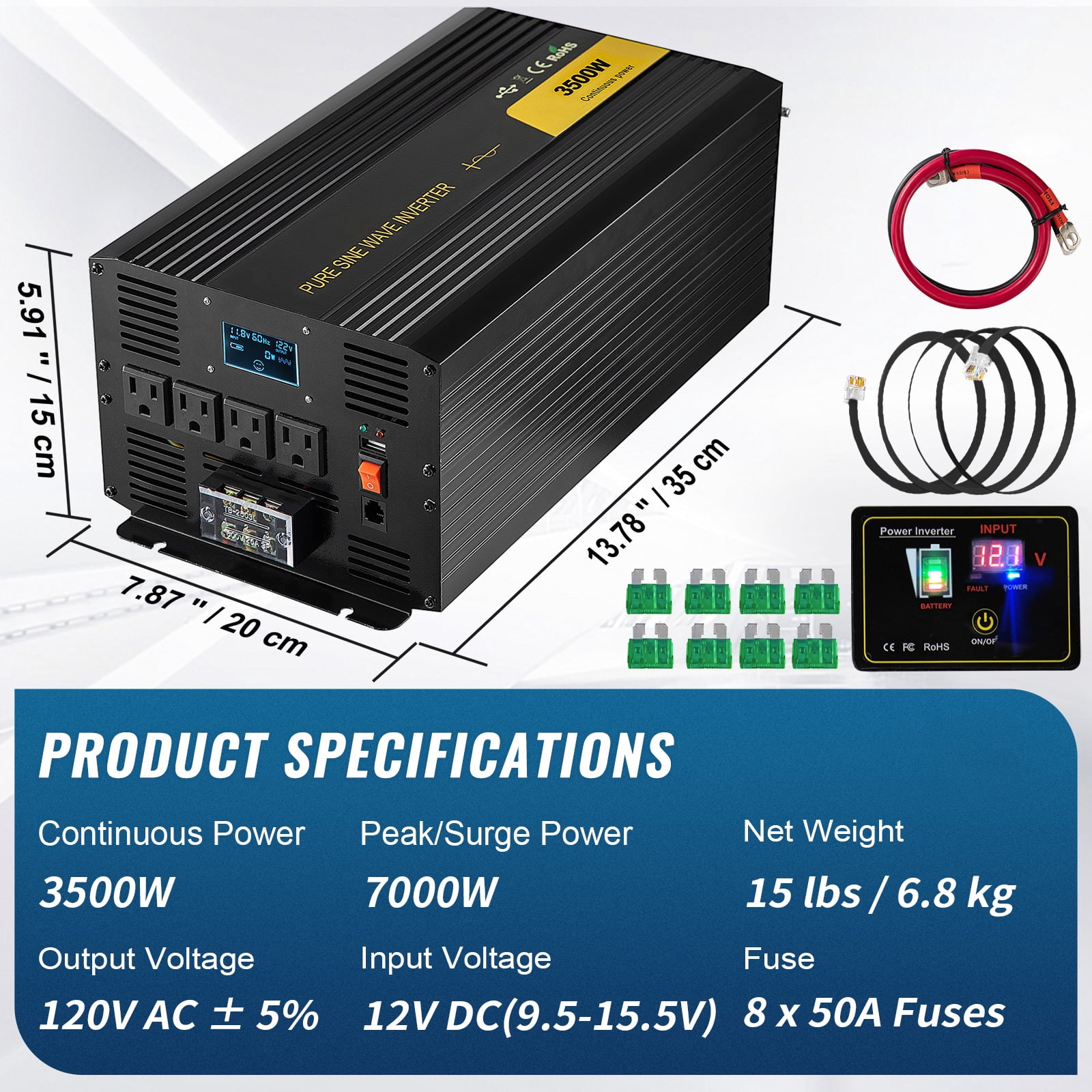 SKYSHALO Power Inverter 3500W DC12V to AC120V Inverter LCD Pure Sine Wave Inverter