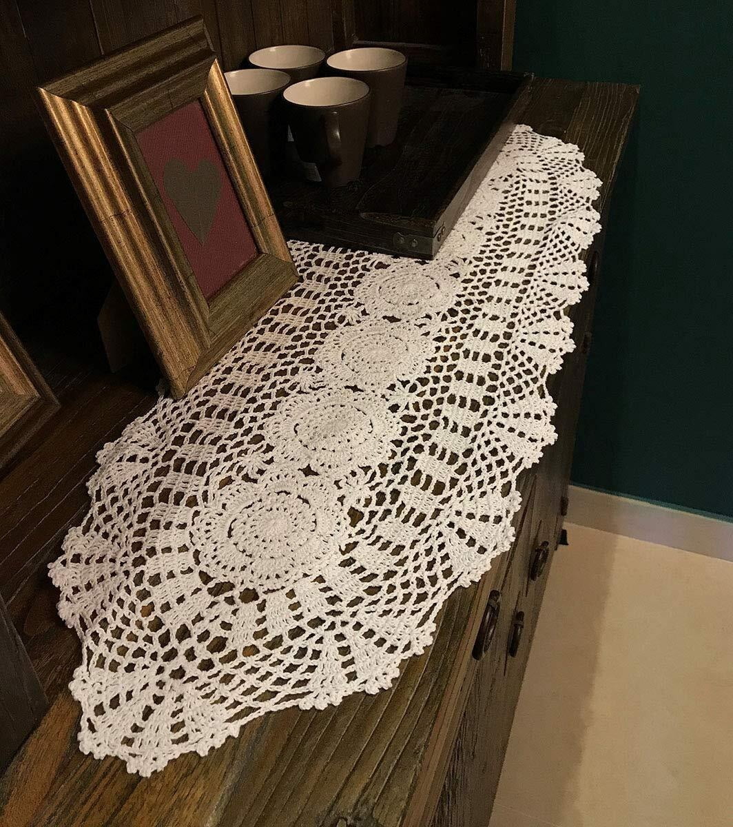 Handmade Crochet Cotton Table Runner Lace Doilies Doily Oval Dresser Scarves,11.8 by 35 Inches.