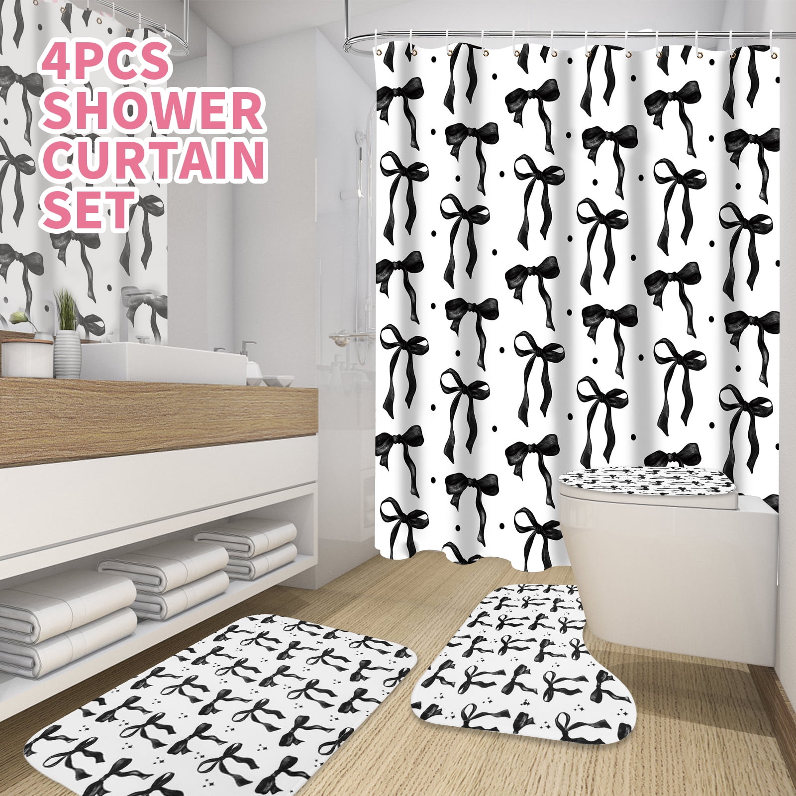 Dznils Black Bow Shower Curtain and Rug Sets, 16pc Modern Fabric Bathroom Curtain Sets, 72" x 72"