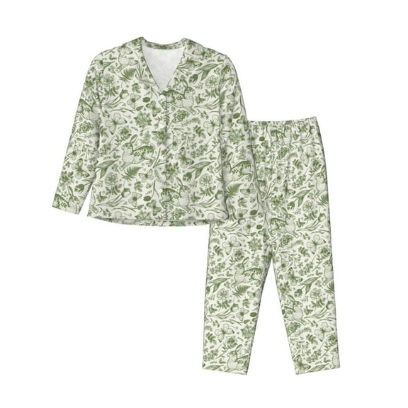Saiise Green Rabbit Print Women Soft Pajama Sets,Long Sleeve Sleepwear Button Up 2-Piece Pjs Lounge Sets-Small