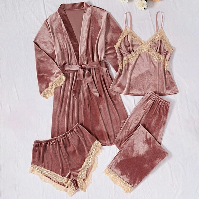 TaTaai Women's Velvet Pajamas Set, Four Piece Lounge Wear Suit, Elegant Soft Home Outfit, Cozy Christmas and Valentine's Day Sleepwear Gift