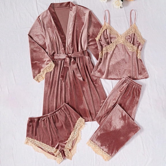 Karight Women Casual Velvet Lace Solid Color Fashion Pajamas Suit Four Piece Set