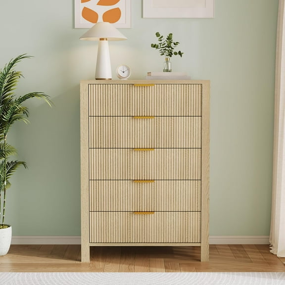 Danolapsi 5 Drawers Dresser for Bedroom,45 Inch Tall Slim Dresser for Small Spaces,Modern Bedroom Dressers,Farmhouse Wooden Chest of Drawers,Fluted Dresser for Closet Organizer for Living Room