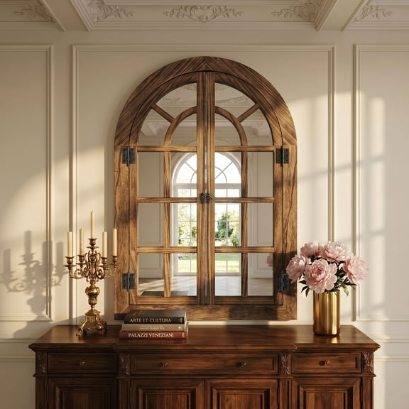 TEWLOSS Farmhouse Arched Wall Mirrors 36"x24" Window Mirror Decor Wood Frame for Bathroom Bedroom, Natural