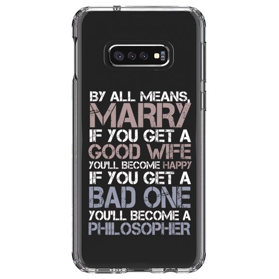DistinctInk Clear Shockproof Hybrid Case for Samsung Galaxy S10e (5.8" Screen) - TPU Bumper Acrylic Back Tempered Glass Screen Protector - Marry - Good Wife Become Happy