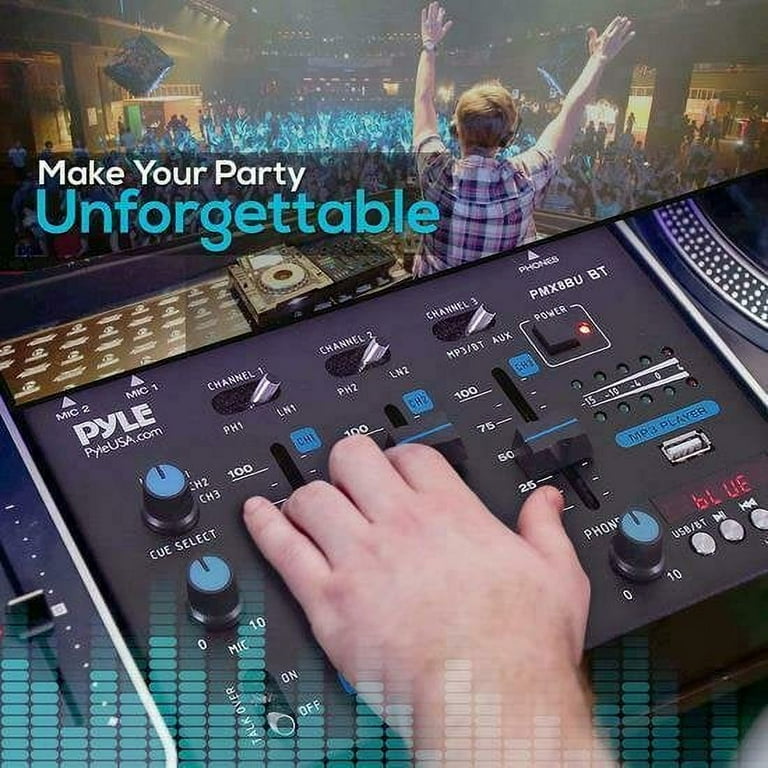 Pyle PMX8BU 3 Channel Bluetooth DJ Mixer System with Mic Talkover