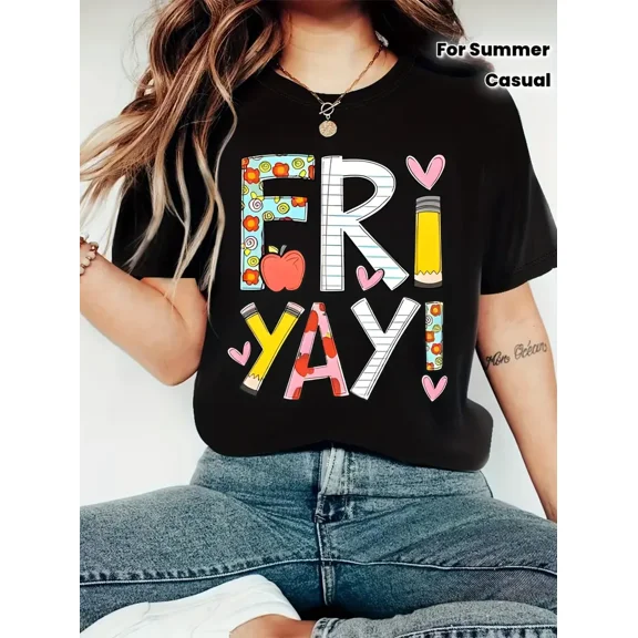Funny Friyay Teacher Graphic for Women Short Sleeve Casual Summer T-Shirt