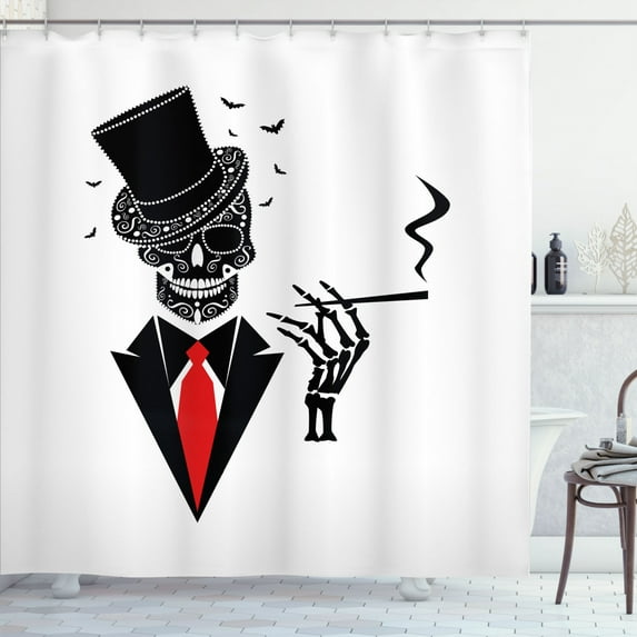 Ambesonne Skull Smoking Shower Curtain, Skeleton Cylinder Hat, 69"Wx75"L, White Charcoal Grey