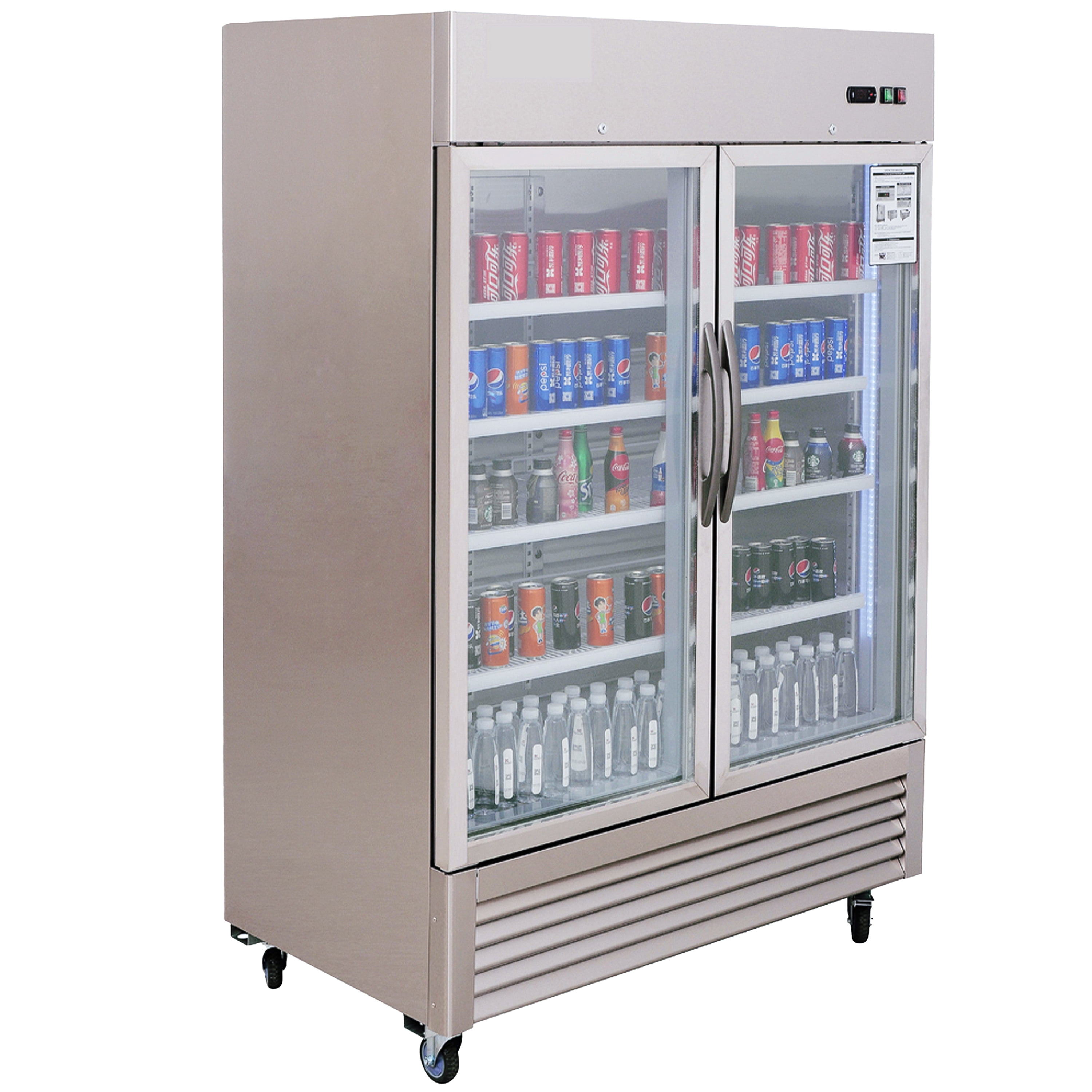 54" W Commercial Display Refrigerator 2 Glass Door Merchandiser 43 Cu.Ft.Stainless Steel Reach-in Glass Door Upright Fan Cooling Refrigerator