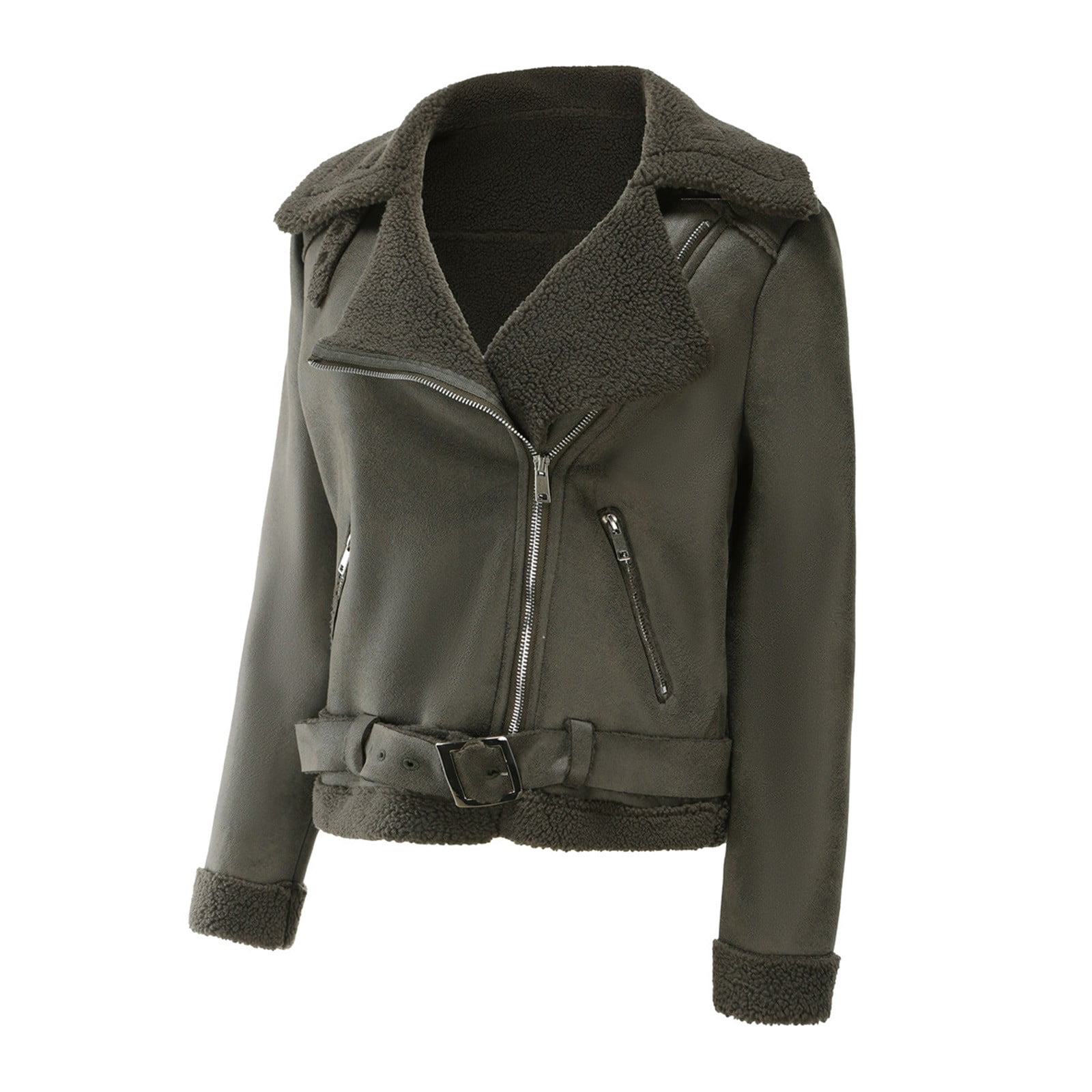 Usmixi Winter Faux Leather Jacket for Women Womens Suede Jacket Plus Size Fashion Side Zip Fuzzy Fleece Coats Casual Solid Pocket Bomber Outwear with Belt Faux Leather Jacket