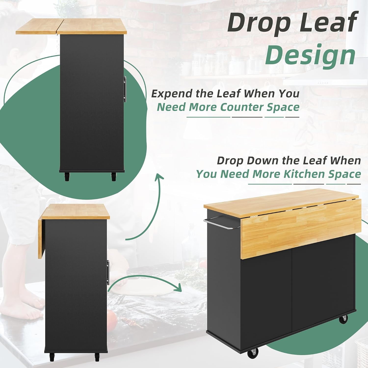 Sobaniilo Rolling Kitchen Island Cart with Folding Drop Leaf Breakfast Bar, Portable Trolley Island with Large Storage Cabinet, Shelf and Drawer, Black