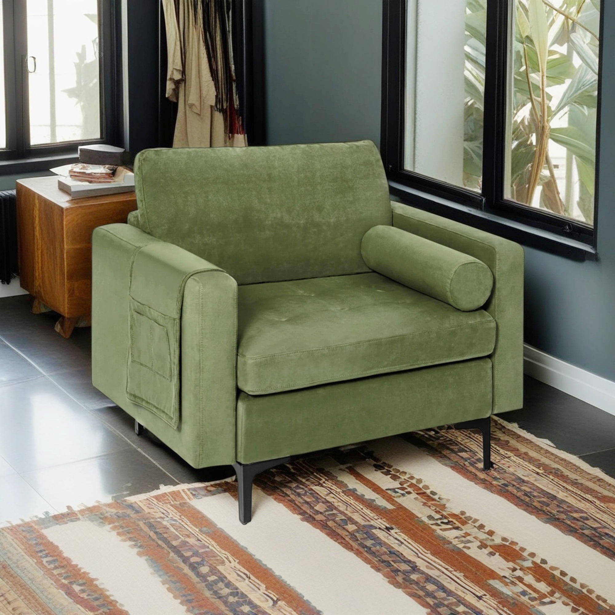 Demi Bonn Upholstered Accent Chair, Modern Accent Chair with Bolster and Side Storage Pocket, for Living Room, Bedroom, Army Green