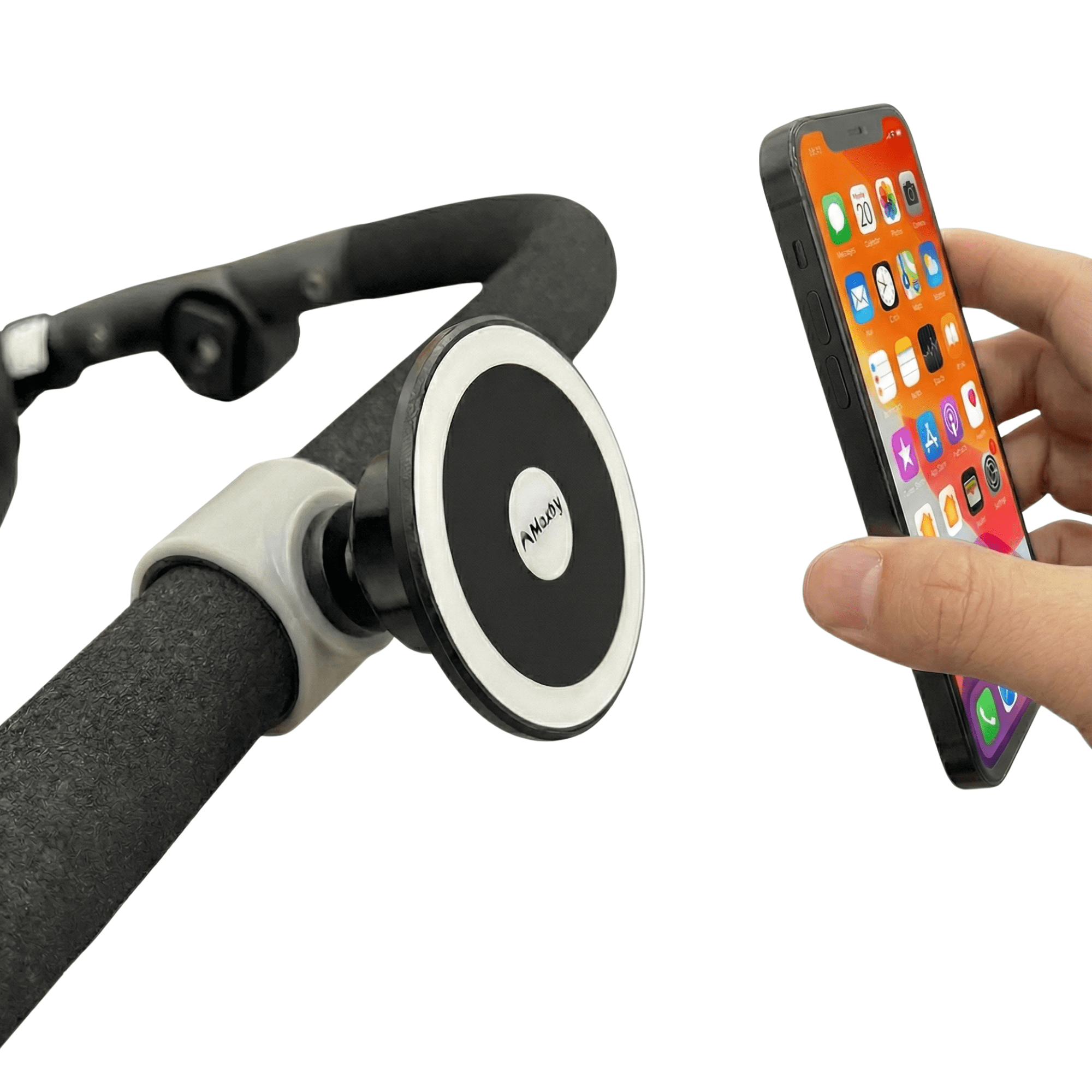 Magnetic iPhone Holder for Stroller, Stationary Bike (Compatible with Peloton), Shopping Cart. Compatible with MagSafe on iPhones 12/13/14/15. Stable & Secure.