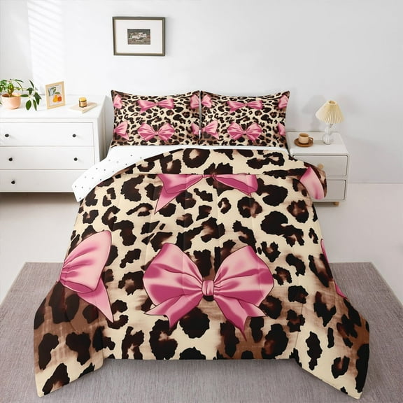 Homewish Cute Cartoon Bowtie Bedding Comforter Set,Cheetah Pattern Twin Comforter Sets,Pink Brown Beige Bedding Set For Girl Kids,Luxury Bedroom Decor Reversible,2 Pieces