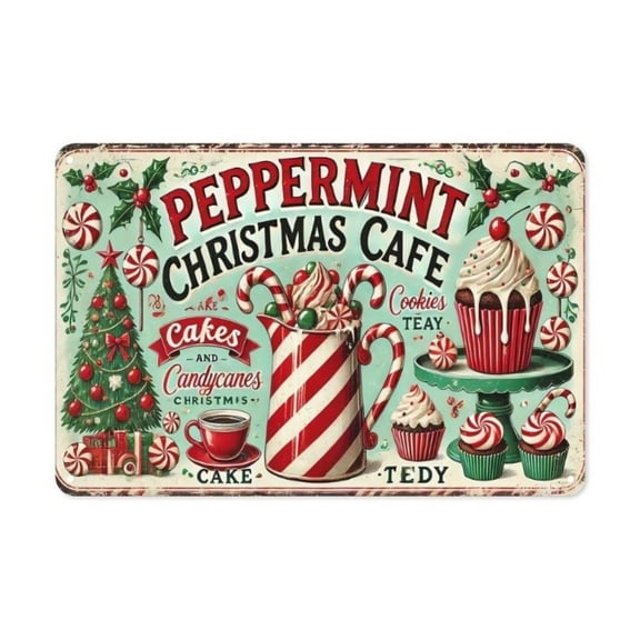 HELLOYOUNG Vintage Peppermint Christmas Cafe Metal Tin Sign 8x12 Inch - Durable Easy-Hang Farmhouse Wall Art for Kitchen Cafe Dessert Shop