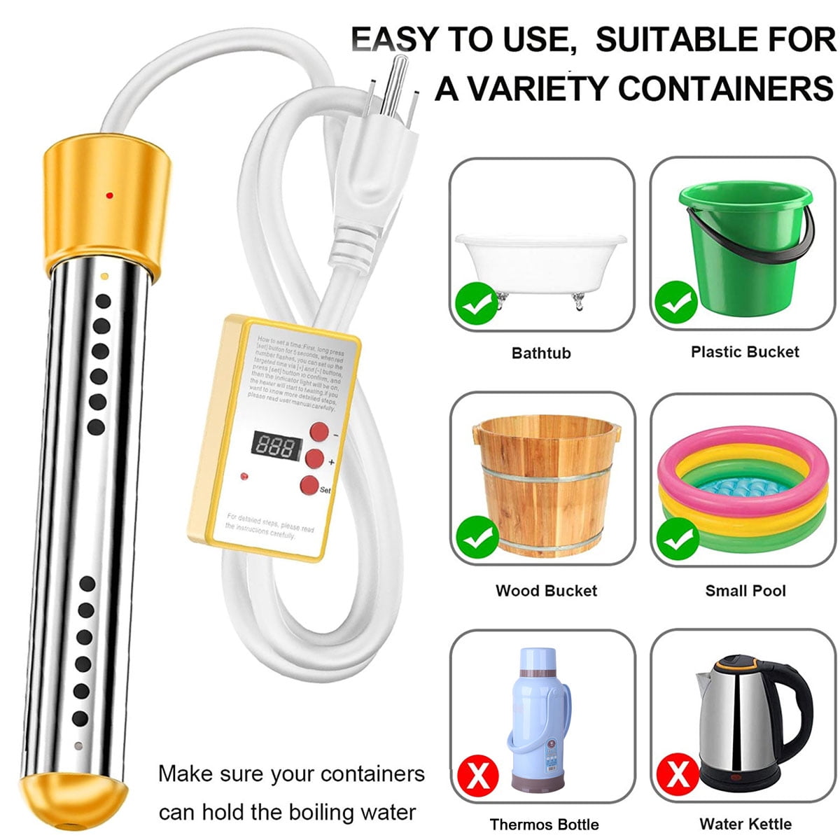 2000W Electric Immersion Water Heater with Timer & LCD Thermometer - Stainless Steel Guard for Bucket, Bathtub, Pool, Camping - 110V Portable Instant Heating Rod,Yellow
