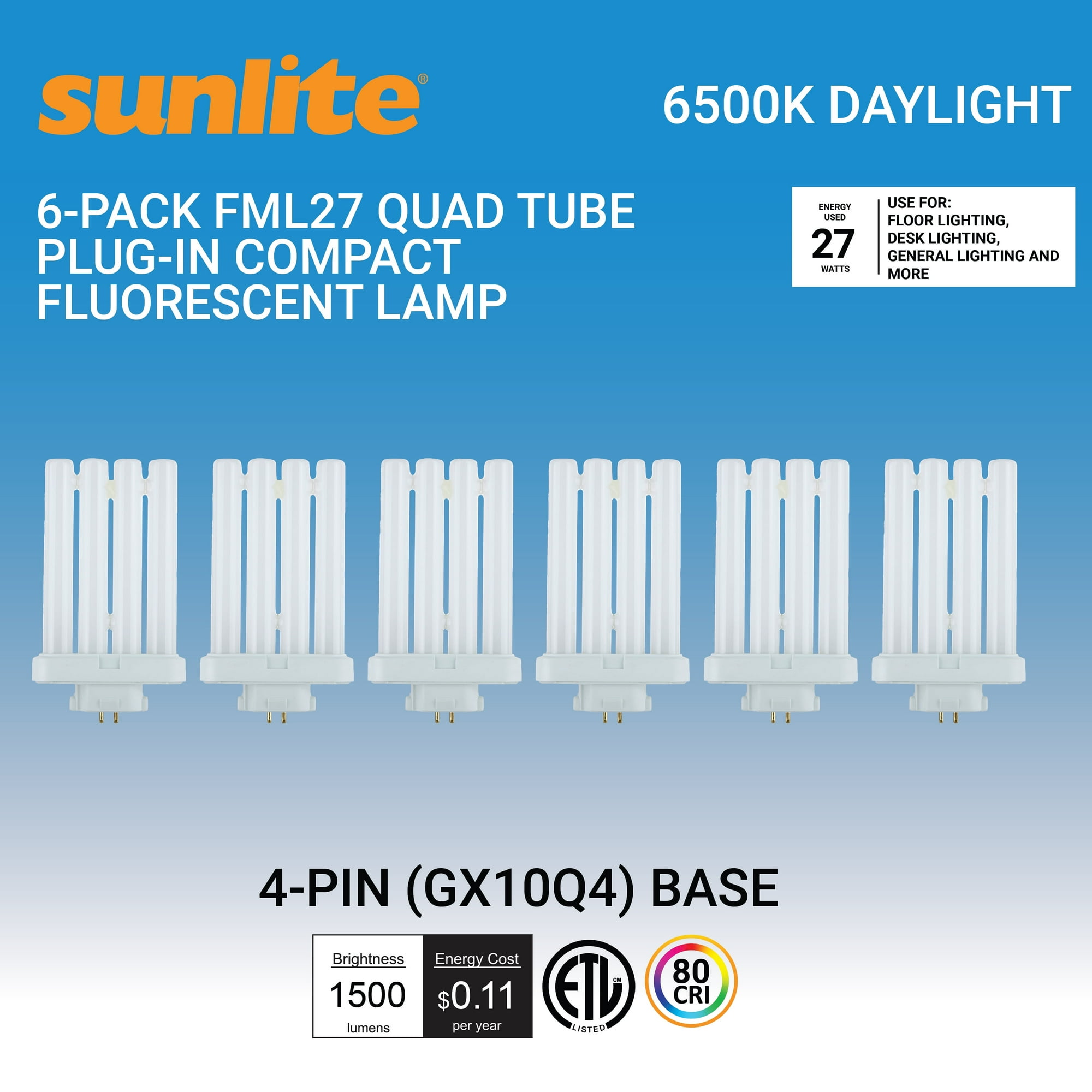 Sunlite FML27/65K/2PK CFL, 27W, 1500 Lumens, 6500K Daylight, 4-Pin GX10q4 Base, 120V, 6 Pack