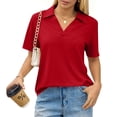 thumbnail image 2 of Qwertyu Women Polo Shirts Fitted Dressy Collared Short Sleeve Shirt Women V Neck Spring Business Office Work Blouses Red 2XL, 2 of 6
