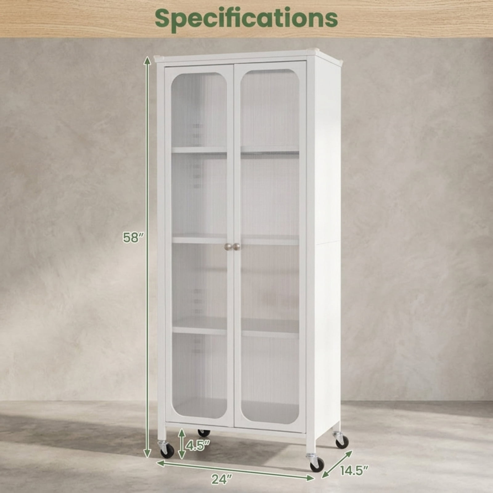 Furnibear Rolling Storage Cabinet with Doors Adjustable Shelves and Wheels Tall Metal Pantry for Kitchen Bathroom and Living Room, White