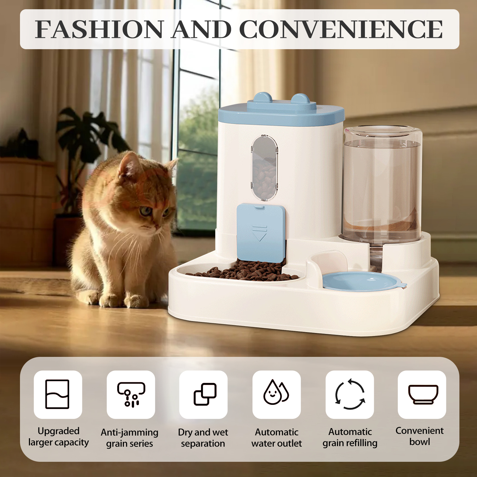 2 in 1 Pets Feeder and Water Dispenser Combo Set, Pet Cat Dog Automatic Feeder and Water Dispenser for Small and Medium Pets Cats Dogs, Blue