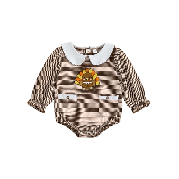 BemeyourBBs Girl Thanksgiving Long Sleeve Doll Collar Turkey Embroidery Romper