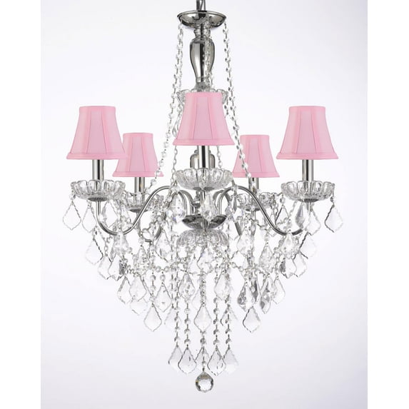 5 Light Chrome & Crystal Chandelier With Pink Shades