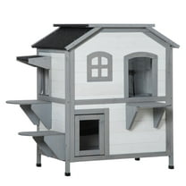 Outdoor Cat House 2-Story Wooden Cat Enclosure for Feral Cats, Weatherproof Cat Shelter with Escape Door, Openable Roof & Jumping Platforms - White
