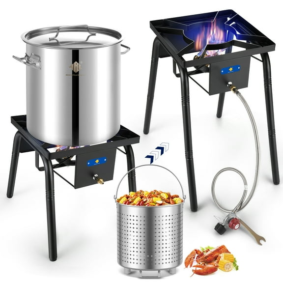 ARC Stainless Steel Seafood Boil Pot With 220,000 BTU Propane Burner for Outdoor Cooking，w/Basket for Outdoor Deep Fryer, Large Cooking Pot for Turkey Fryer, Shrimp, Lobster Boiling Stock Pot