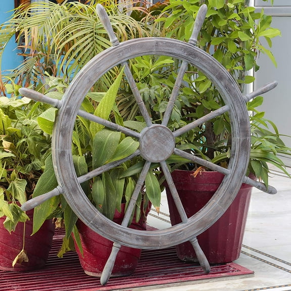 Nagina International Frosty Antique Junkyard Crafted Wooden Ship Wheel | Pirate's Home Wall Decor (12 Inches, Gloss Finish)