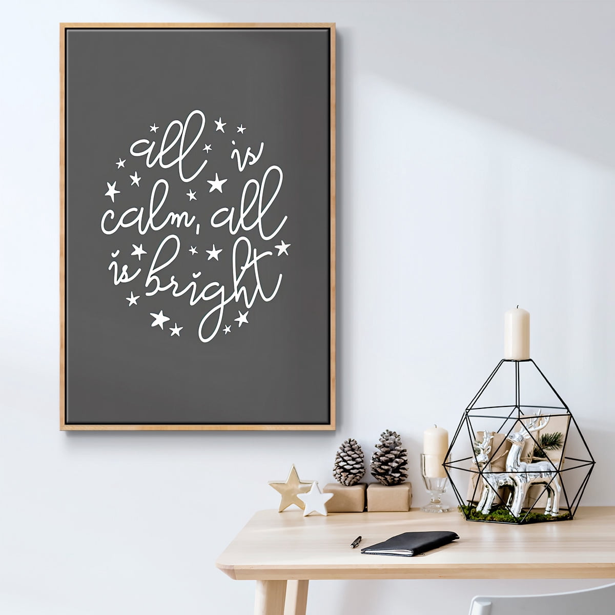 All is Calm, All is Bright - Dark Gray - Framed Gallery Wrapped Holiday Canvas - 27 x 41 - Natural Wood Frame