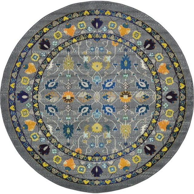 Unique Loom Medici Vintage Floral Border Rug 8' x 8' Round Gray/Yellow