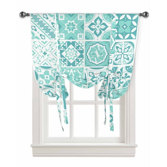 Teal Boho Tie Up Curtains for Kitchen Bathroom Bedroom Windows 45 Inch Length, Modern Geometric Abstract Aesthetics Balloon Drape Curtains Shade Rod Pocket Drapery Curtain Panel, 42"x45"