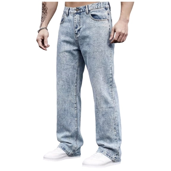 LODIENY Heavyweight Washed Jeans for Men Stretch Casual Loose Fit Wide Leg Streetwear Denim Pants with Multi Pockets Light Blue XL