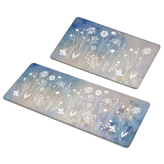 Flower Kitchen Floor Mat Set (2 Pcs), Non-Slip Waterproof 17 "x47" 17 "x29" Kitchen Rugs and Mats, PVC Cushioning Anti-fatigue Household Kitchen Floor Mats,Blue