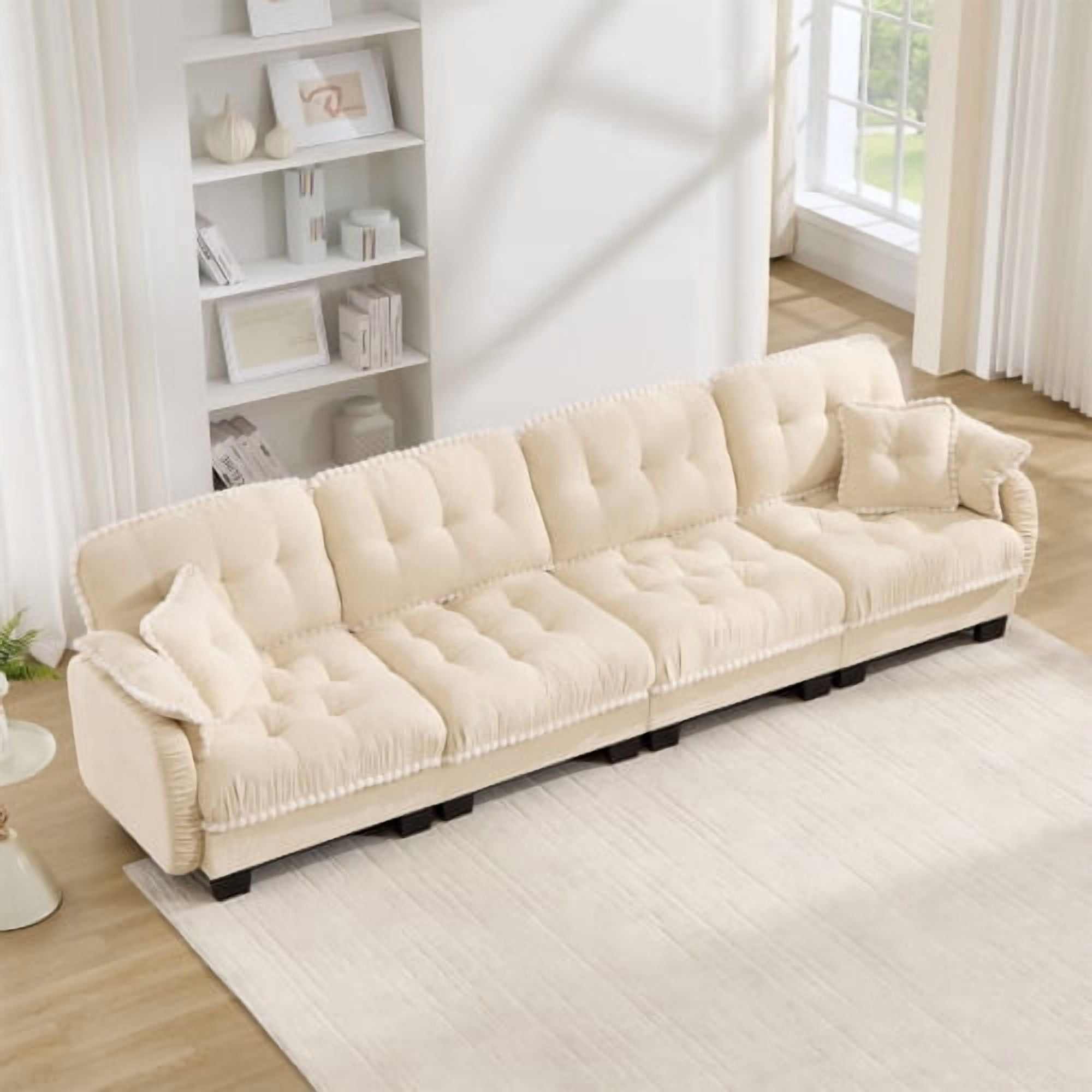 Anpport Modern Aesthetic Cream 4-Seater Sofa, Quilted Tufted Couch with Pom-Pom Trim, Includes 4 Throw Pillows for Apartment, Office & Living Room