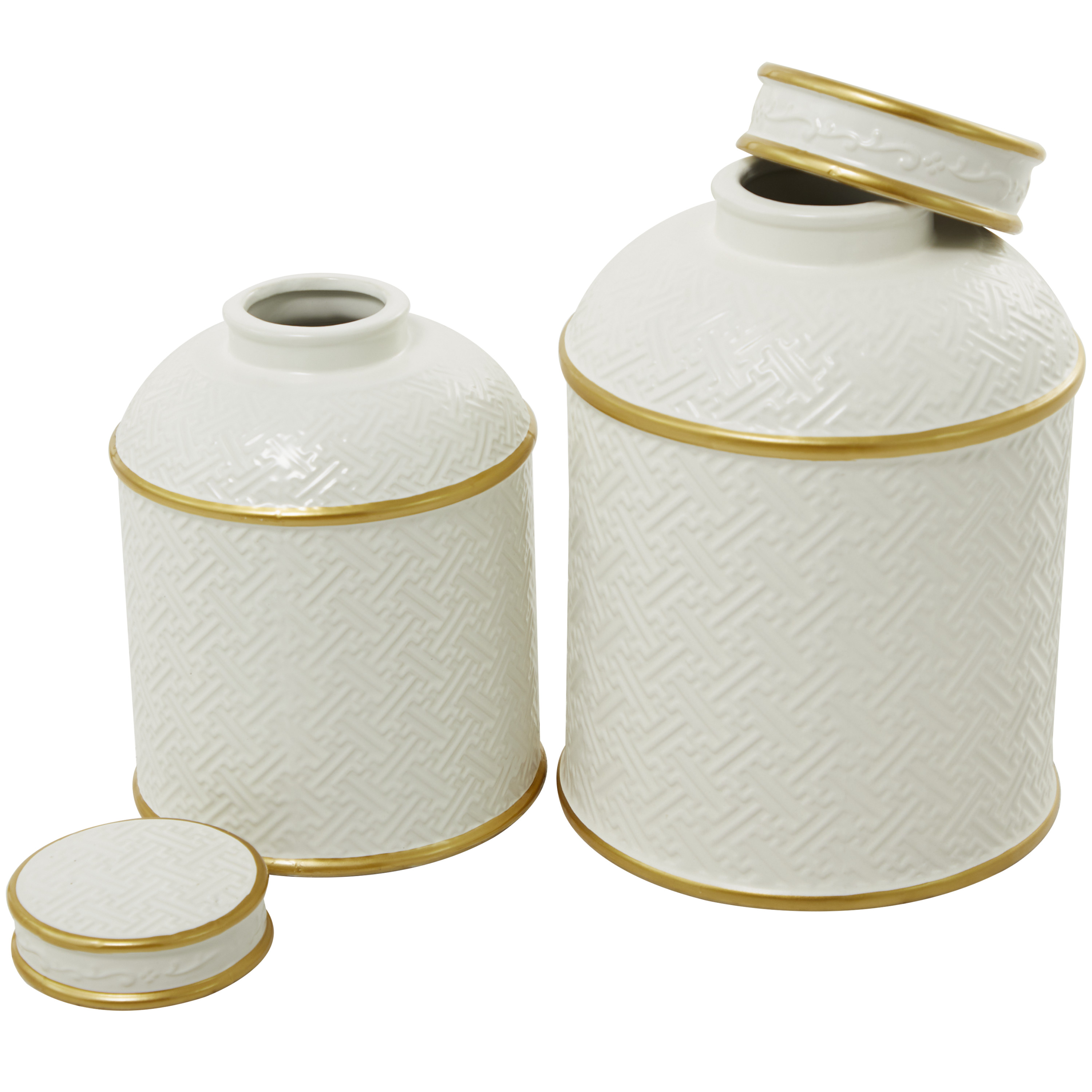 DecMode 10"W, 8"H White Ceramic Decorative Jars with Gold Accents, 2-Pieces