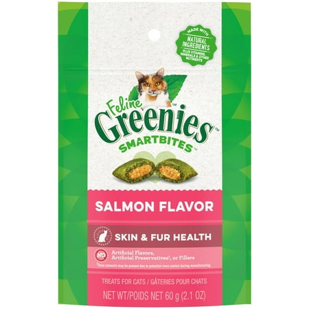 UPC: 0642863101427 | FELINE GREENIES SMARTBITES Skin & Fur Crunchy and Soft Natural Cat Treats  Salmon Flavor  2.1 oz. Pack