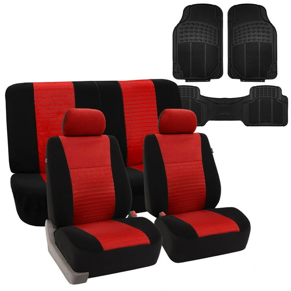 FH Group Full Interior Set Red Seat Covers for Auto w/ Black Rubber Floor Mats