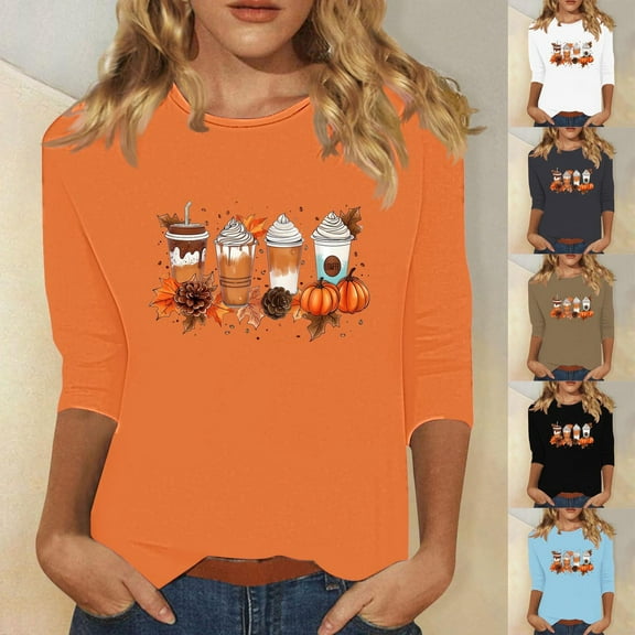 VKOYWKM Women's Halloween Tops 3/4 Sleeve Spooky Pumpkin Ghost Graphic T Shirts Fall Crew Neck Loose Party Blouses Halloween Costume