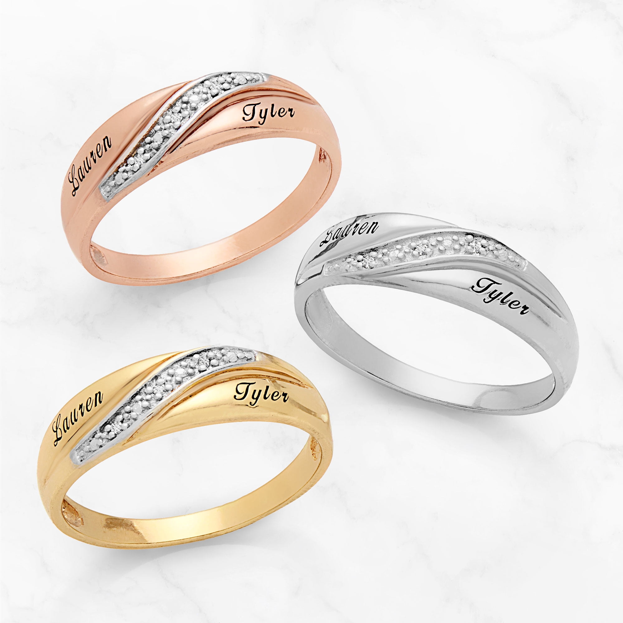 Vow & Forever Personalized Planet Bridal 14K Gold over Sterling Silver Men's Diamond Accent Engraved Wedding Band ,Women's
