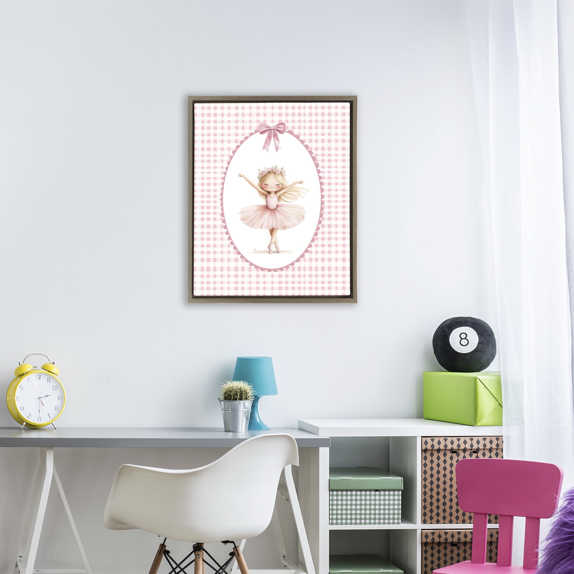 Ballerina on Pink Checkered Brown Framed Floater Canvas Wall Art, design by Christine Simpson Art