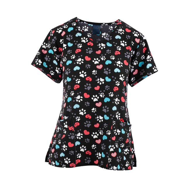 Top médico con cuello en V para mujer, top médico para enfermería, centro de belleza SPA y cuidado de mascotas Negro