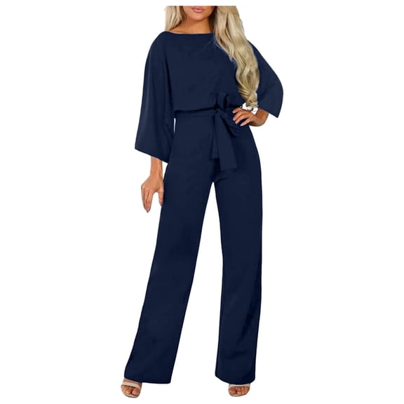 Henpk Jumpsuits For Women Dressy Plus Size Clearance Summer Womens Jumpsuits And Rompers Women'S Fall/Winter Solid Color Seven-Point Sleeved Crew Neck Jumpsuit With Belt Lace-Up Slimming Jum Navy XXL