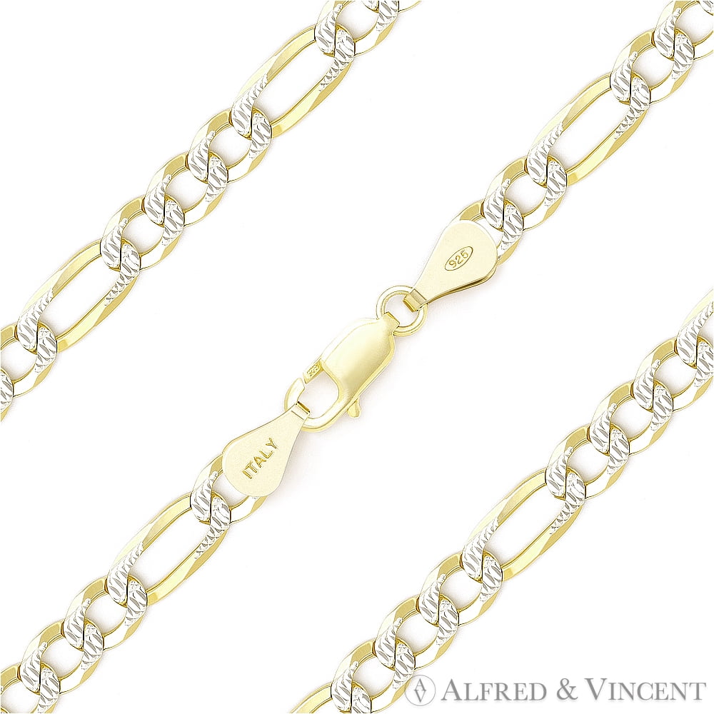 Italy .925 Sterling Silver 14k Yellow Gold 6.8mm Figaro Link Chain Pave Necklace