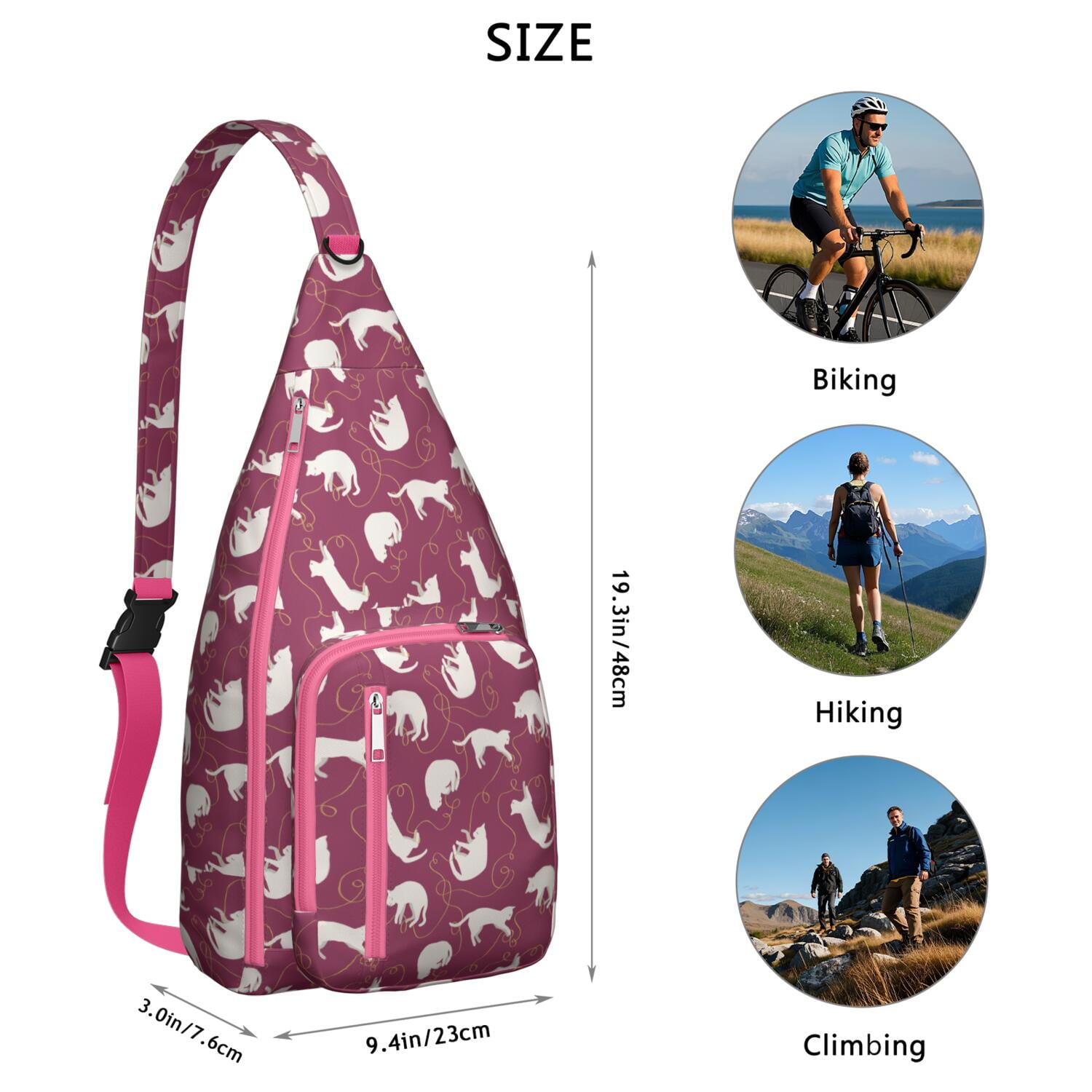 Floral Cat Shoulder Bag - Hand-drawn Cat Graphic Sling Backpack (Lightweight & Breathable, Organized Storage)